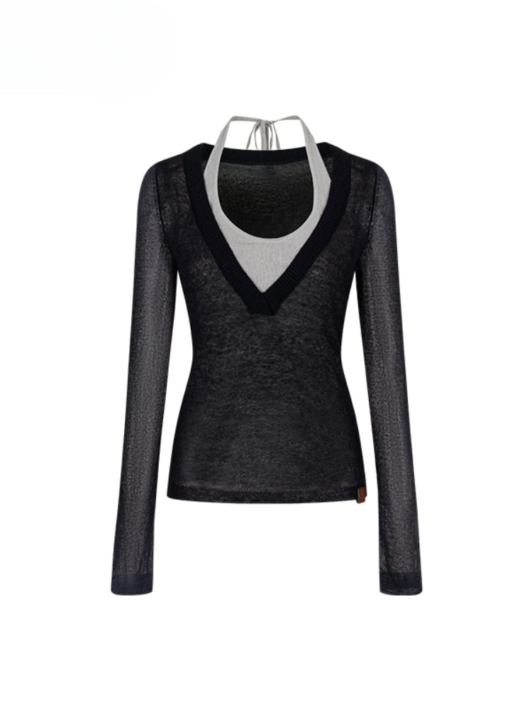 Fake Two-Piece Halter V-Neck Knit Sweater - CHINASQUAD