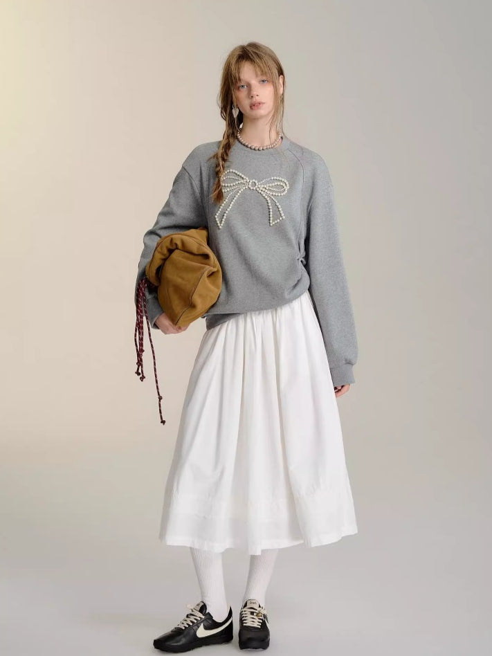 Gray & Navy Blue Butterfly Knot Beaded Pullover Sweatshirt - CHINASQUAD
