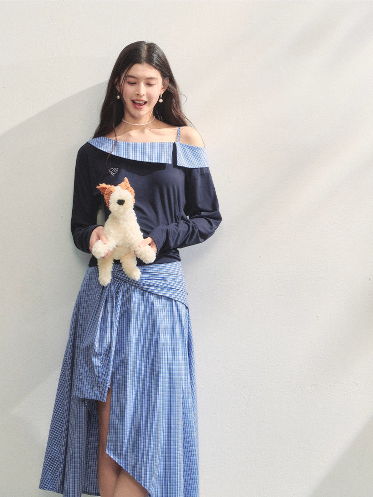 Plaid Spliced One-Shoulder Contrast Long-Sleeve Top & Skirt Set - CHINASQUAD