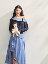 Plaid Spliced One-Shoulder Contrast Long-Sleeve Top & Skirt Set - CHINASQUAD