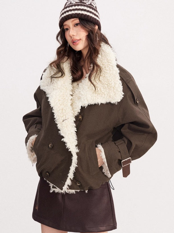 Faux-Shearling Panel Quilted Short Jacket