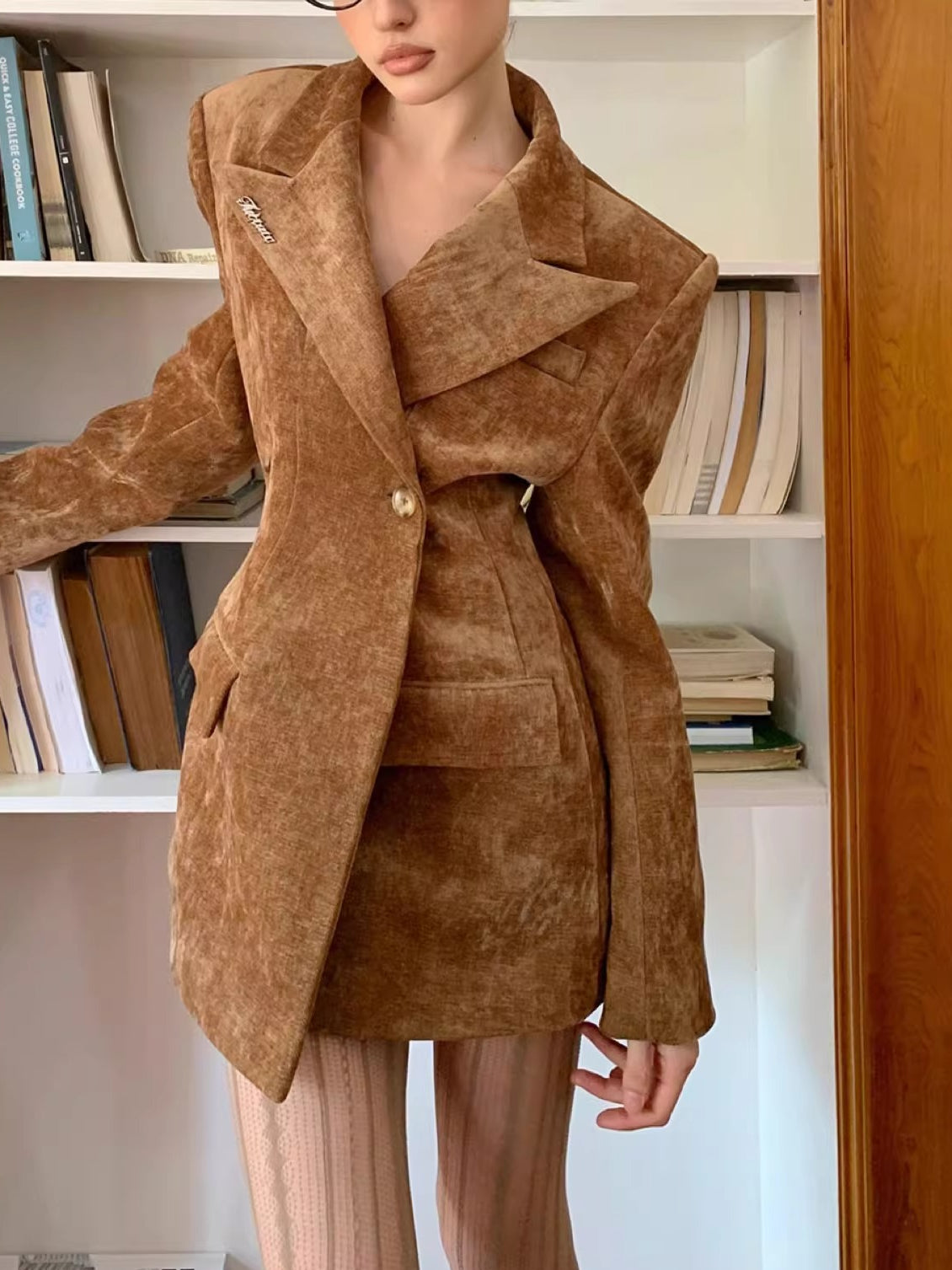 Waist-Cinched Power-Shoulder Blazer