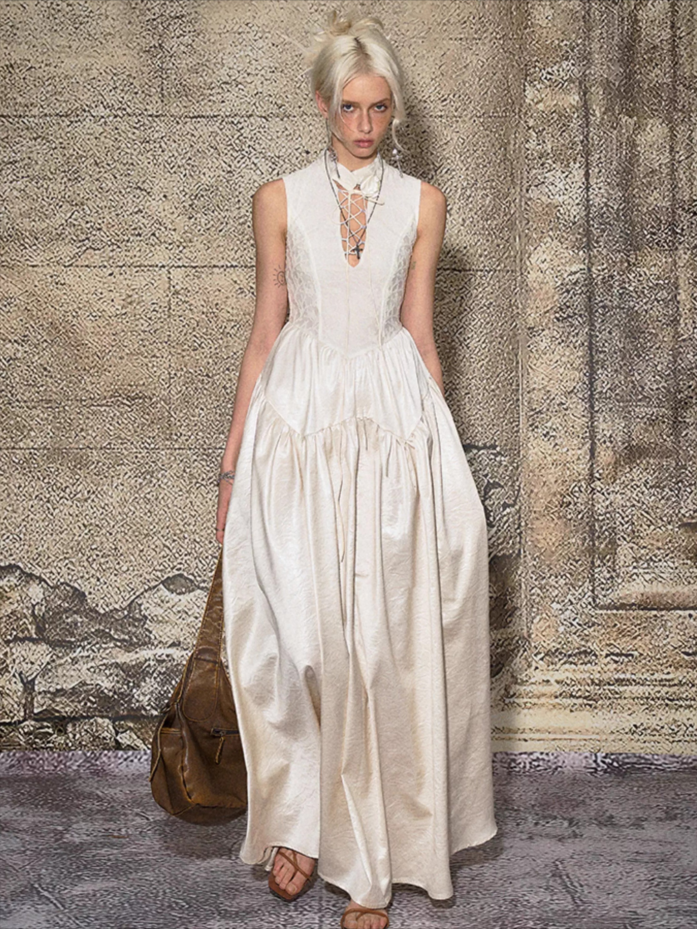 French Elegant Tie-Waist Maxi Dress