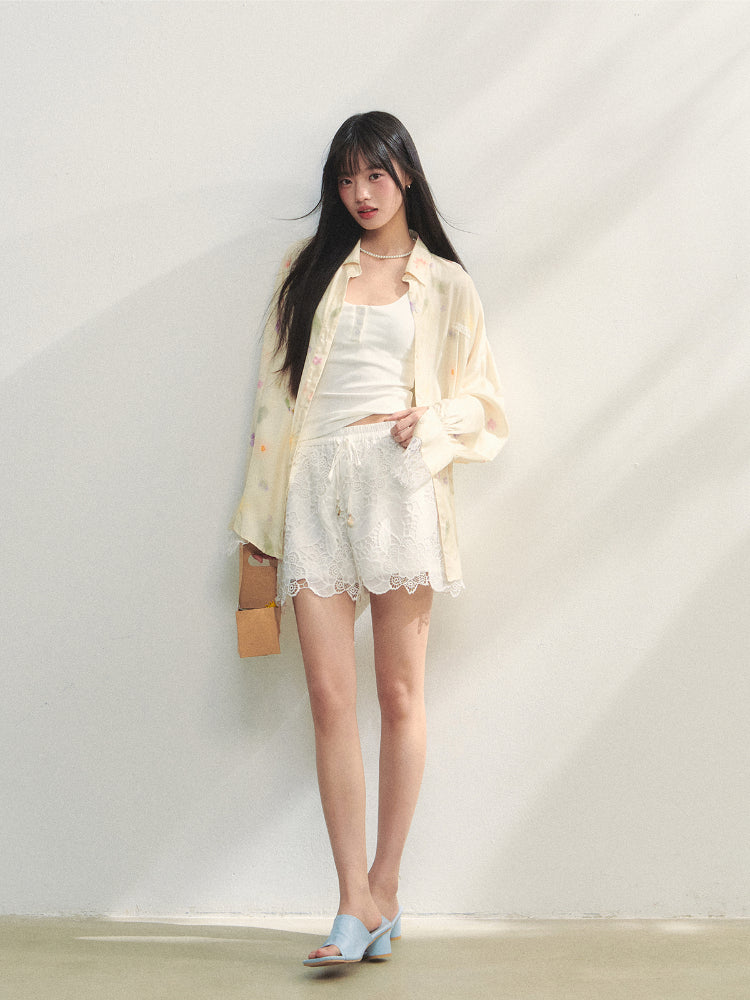 White Lace Hollow-Out Tie-Up Shorts
