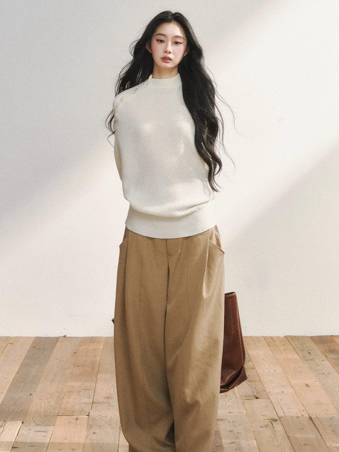 Asymmetric Buttoned White Knit Sweater