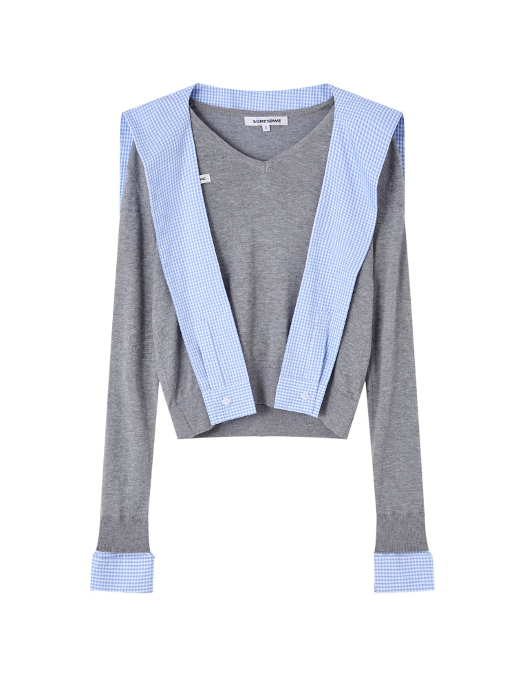 Fake Two-Piece Twist-Knot Spliced V-Neck Knit Top - CHINASQUAD