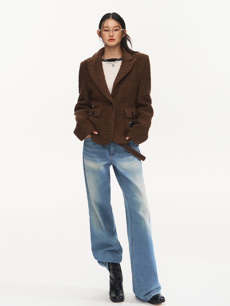 Brown Vintage Waist Woolen Blazer - CHINASQUAD