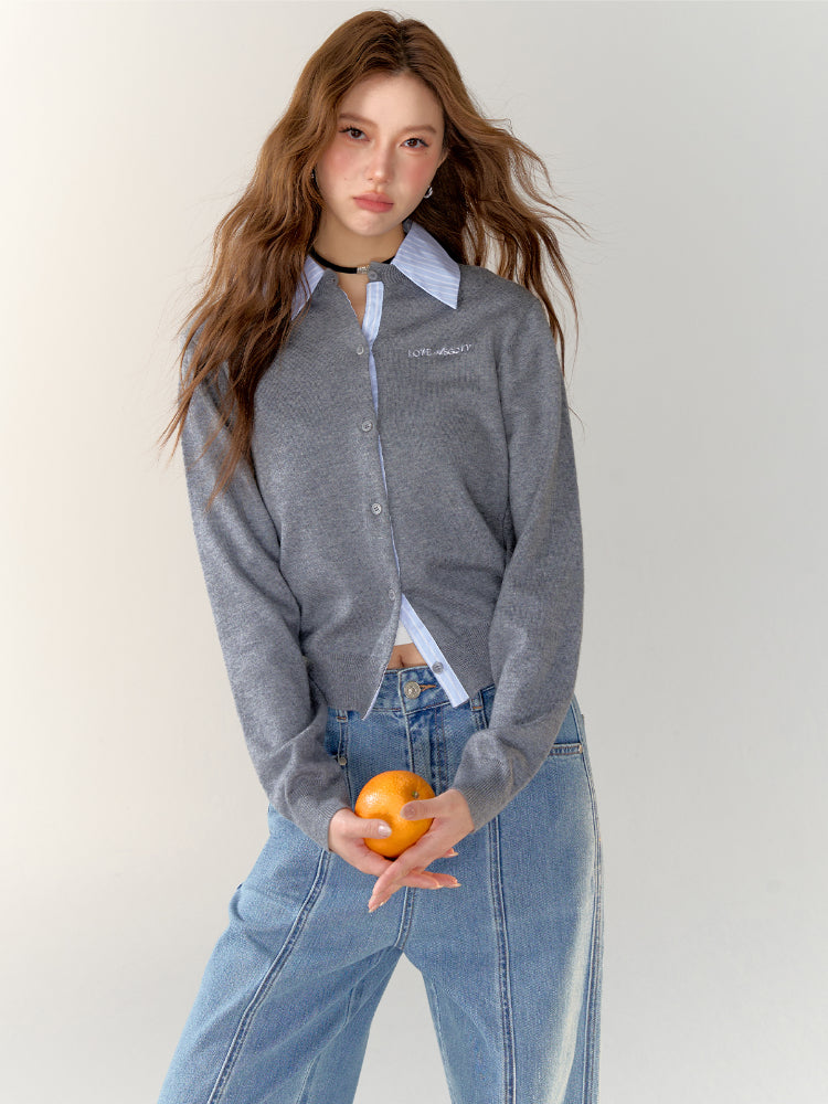 Stripe Patchwork Dark Grey Knitted Cardigan - CHINASQUAD