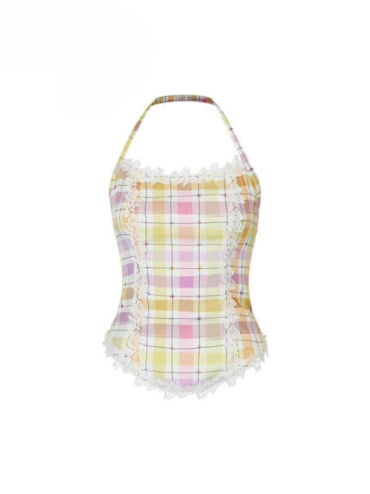 Lace Splicing Halter Neck Top - CHINASQUAD
