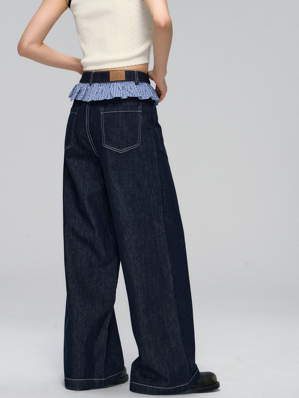 Ruffled Plaid Patchwork Straight Jeans - CHINASQUAD