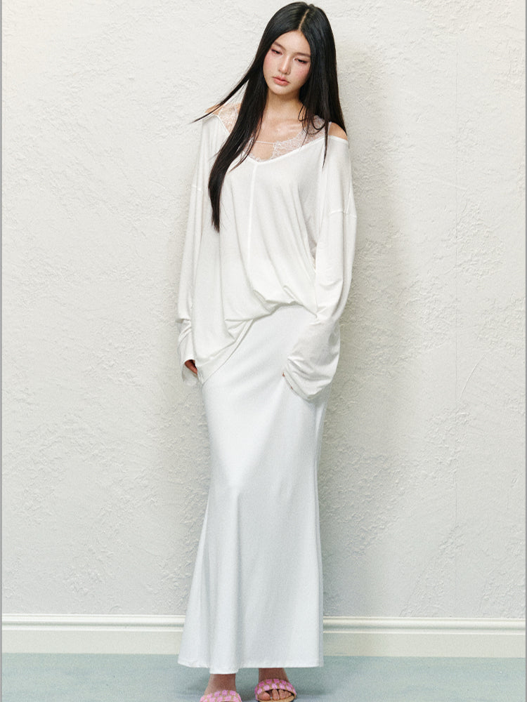 Lace Spliced V-neck Fake Two-Piece T-shirt - CHINASQUAD