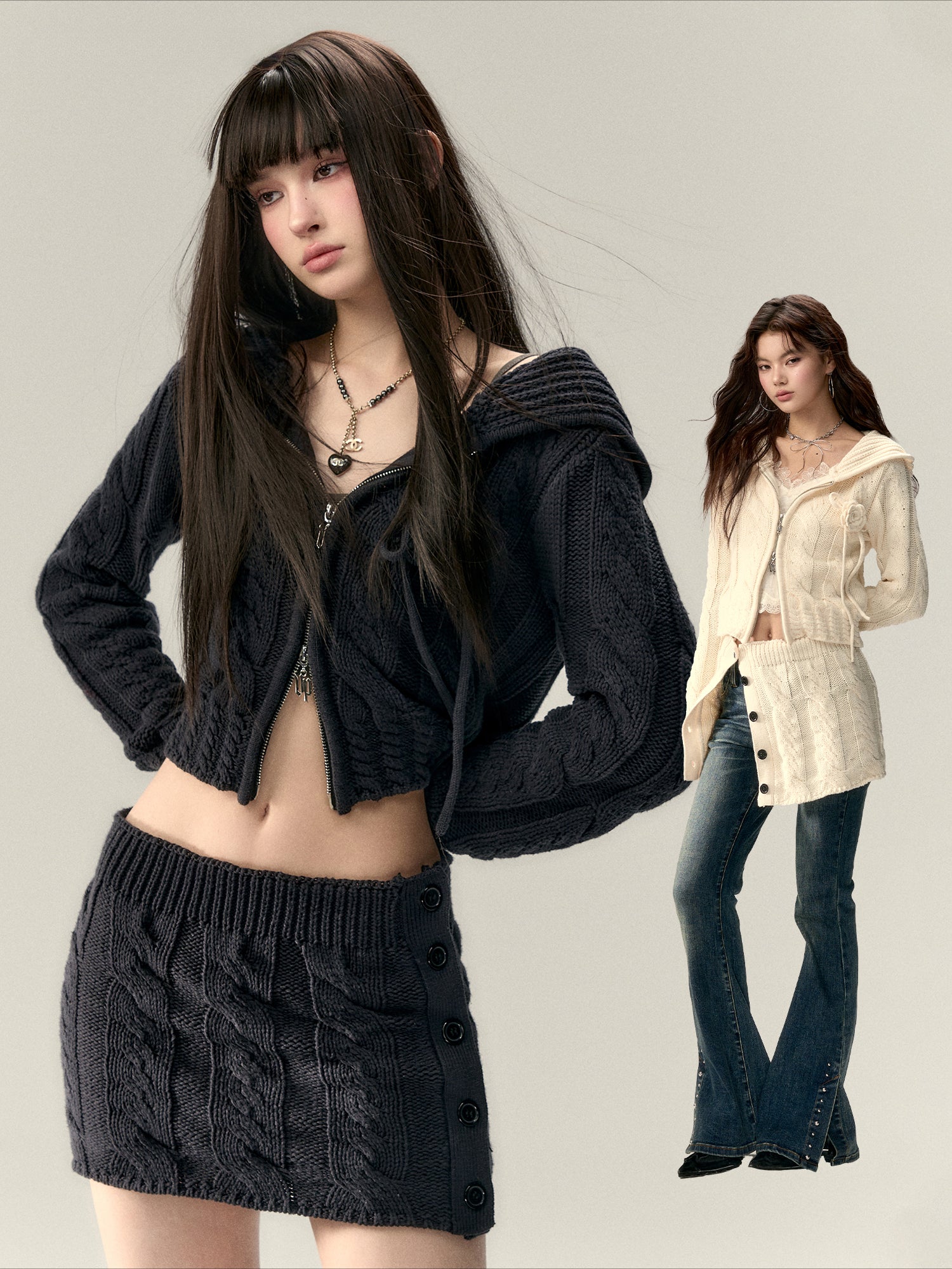 Black & Apricot Buttoned Knit Skirt - CHINASQUAD