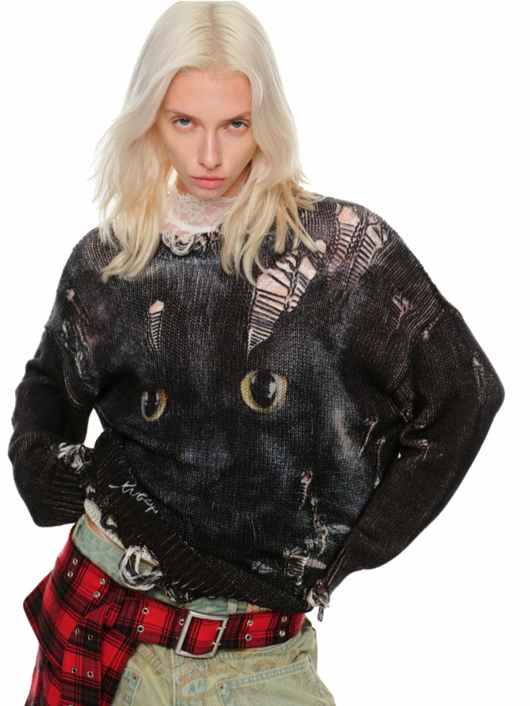 Cat Print Distressed Knit Sweater - CHINASQUAD