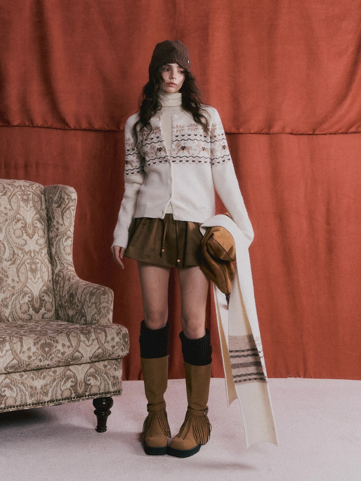 Fair Isle Wool-Blend Knit Cardigan & Scarf Set