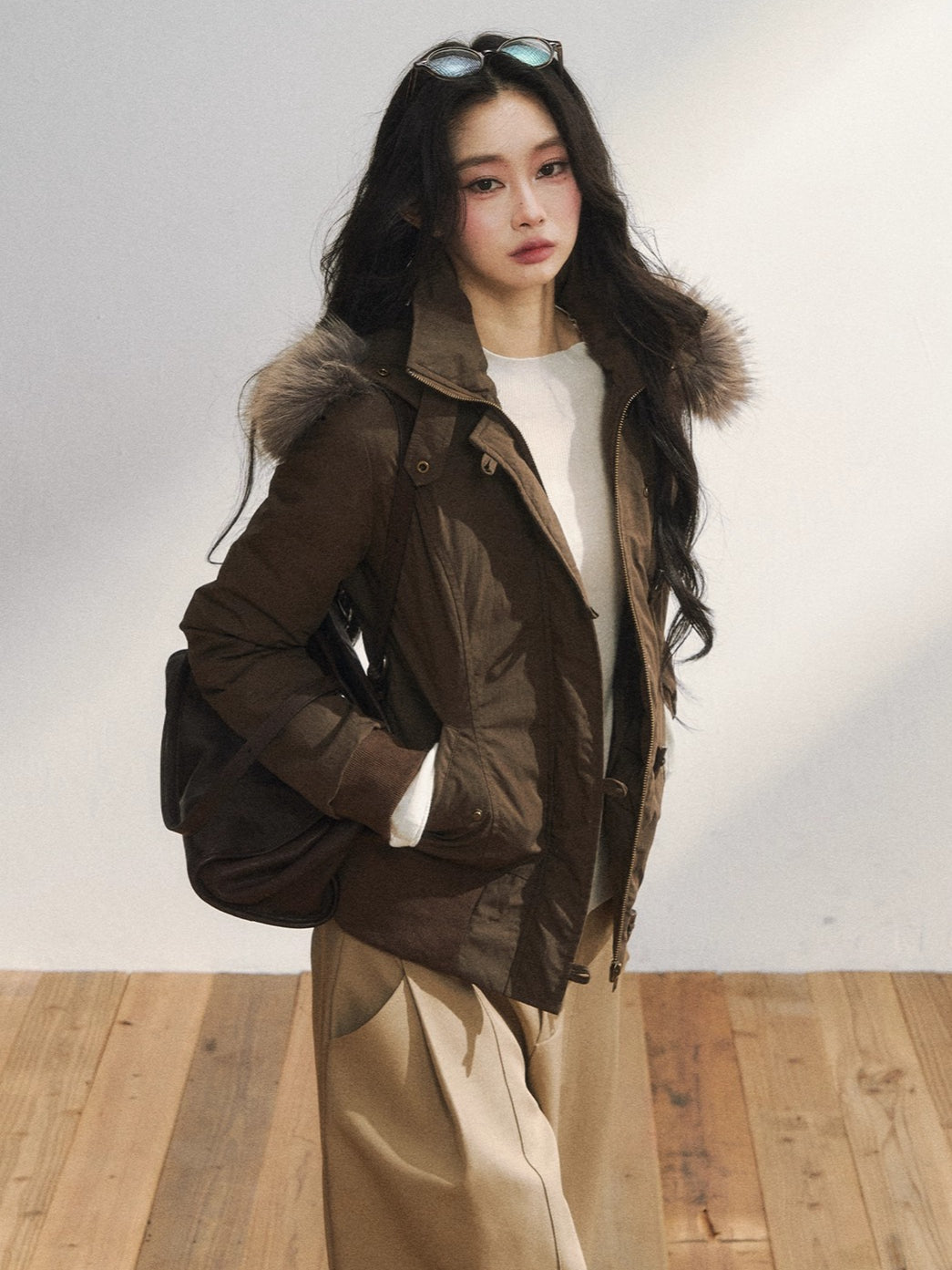Two-Tone Faux Fur Collar Hooded Duffle Puffer Jacket