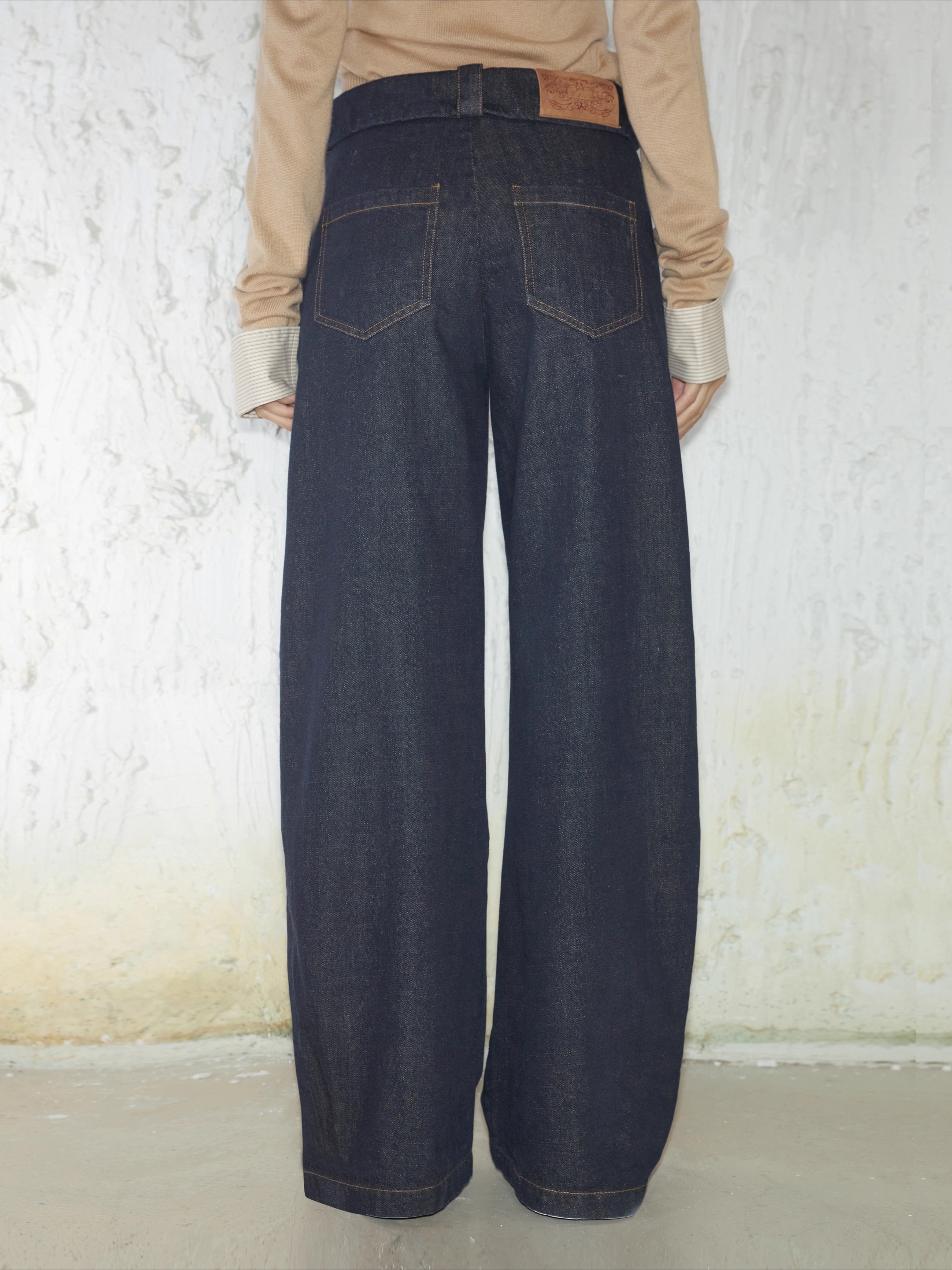 Irregular Folded-Waist Wide-Leg Trousers