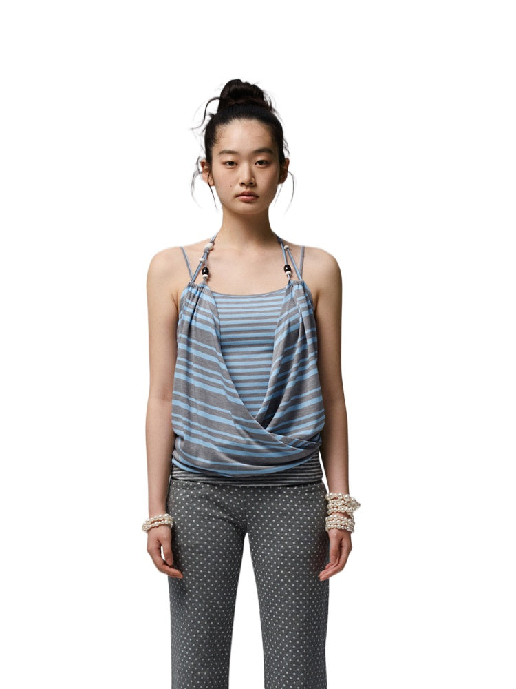 Blue-Gray Striped Two-Way Beaded Swing Collar Tank Top - CHINASQUAD