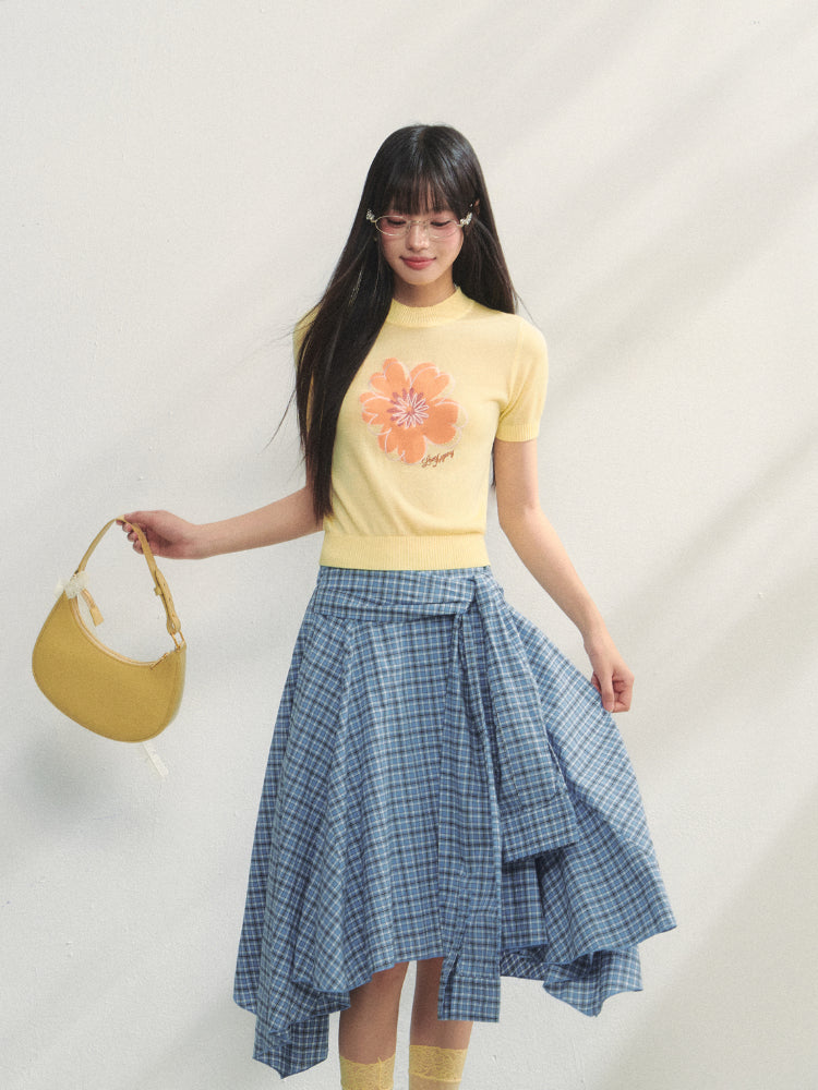 Blue Checkered Irregular Tie-Waist Skirt - CHINASQUAD