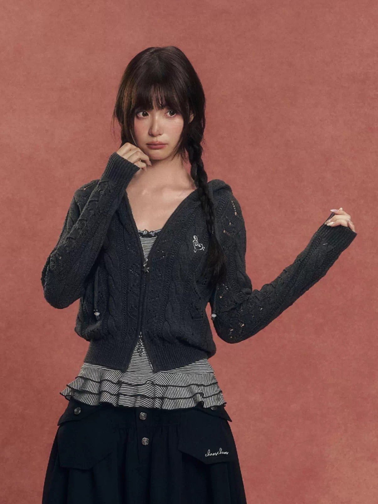 Heart Cutout Cable-Knit Hooded Cardigan