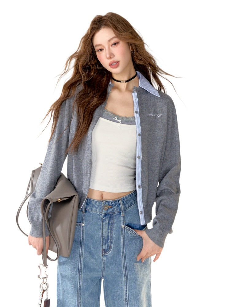 Stripe Patchwork Dark Grey Knitted Cardigan - CHINASQUAD