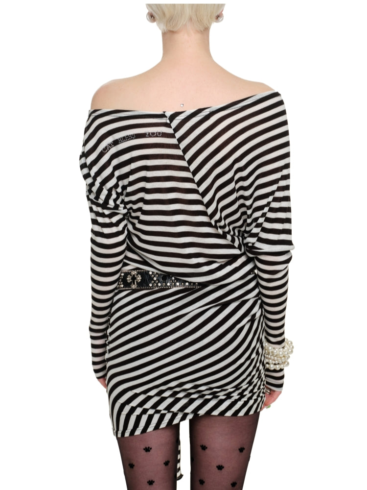 Black & White Striped Asymmetrical Dress - CHINASQUAD