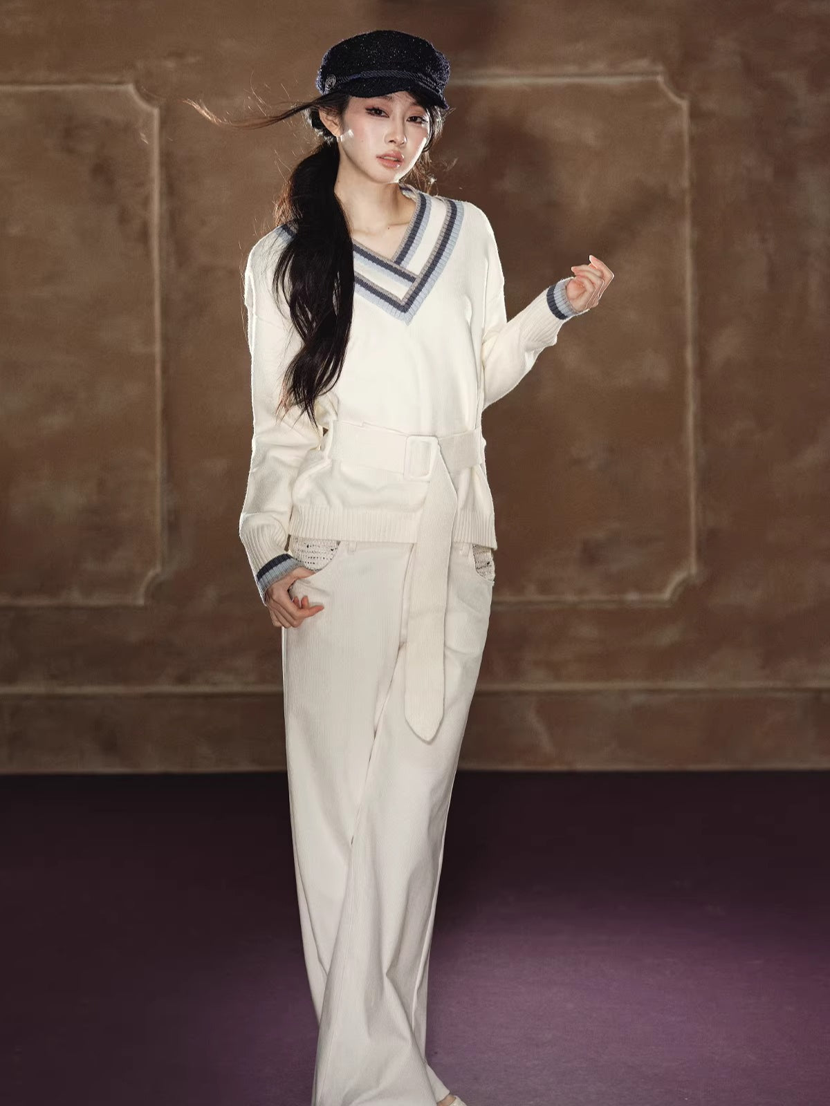 Contrast Double-V Neck Relaxed Knit Sweater