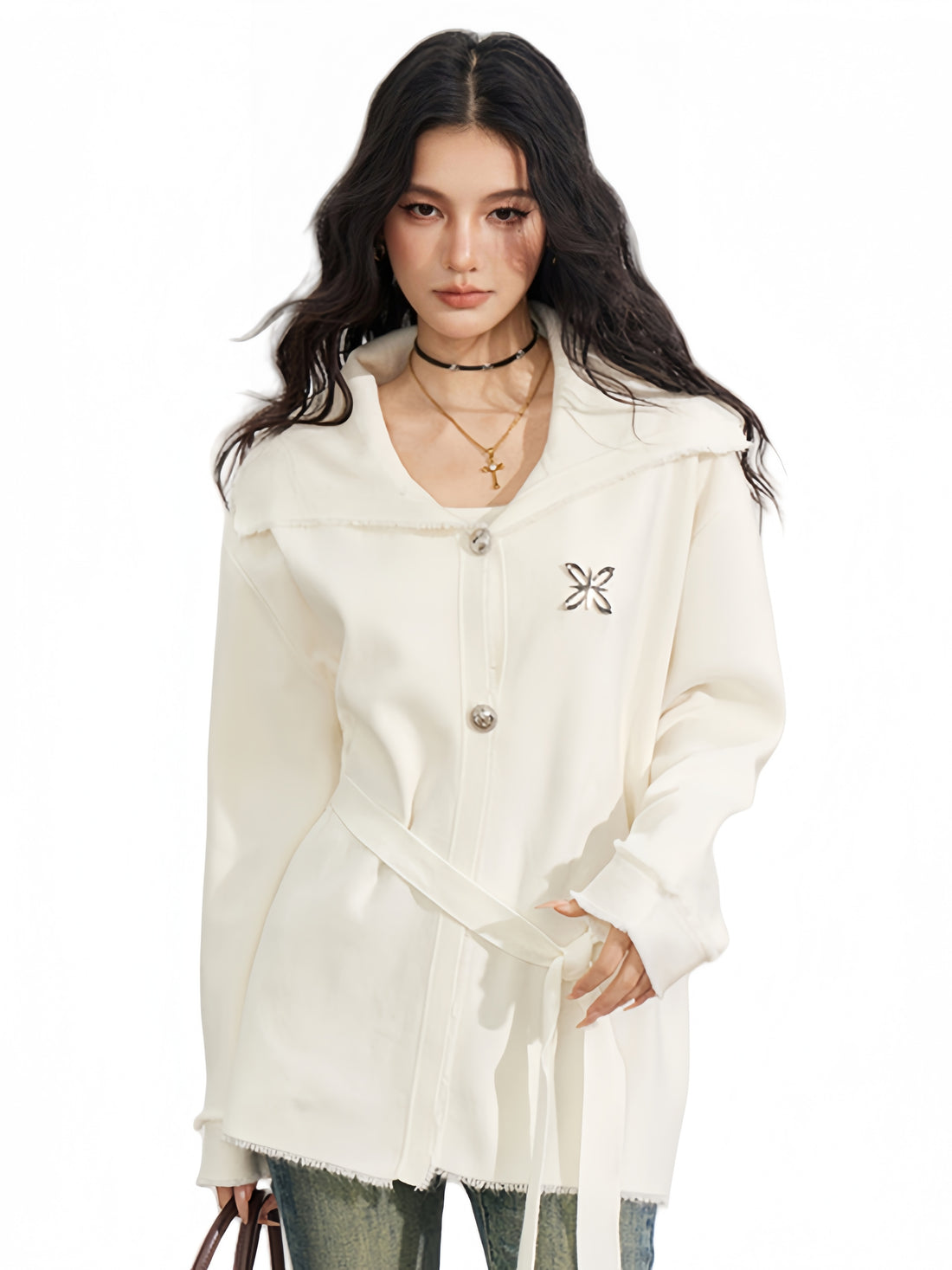 Belted Oversized Collar Knit Coat - CHINASQUAD