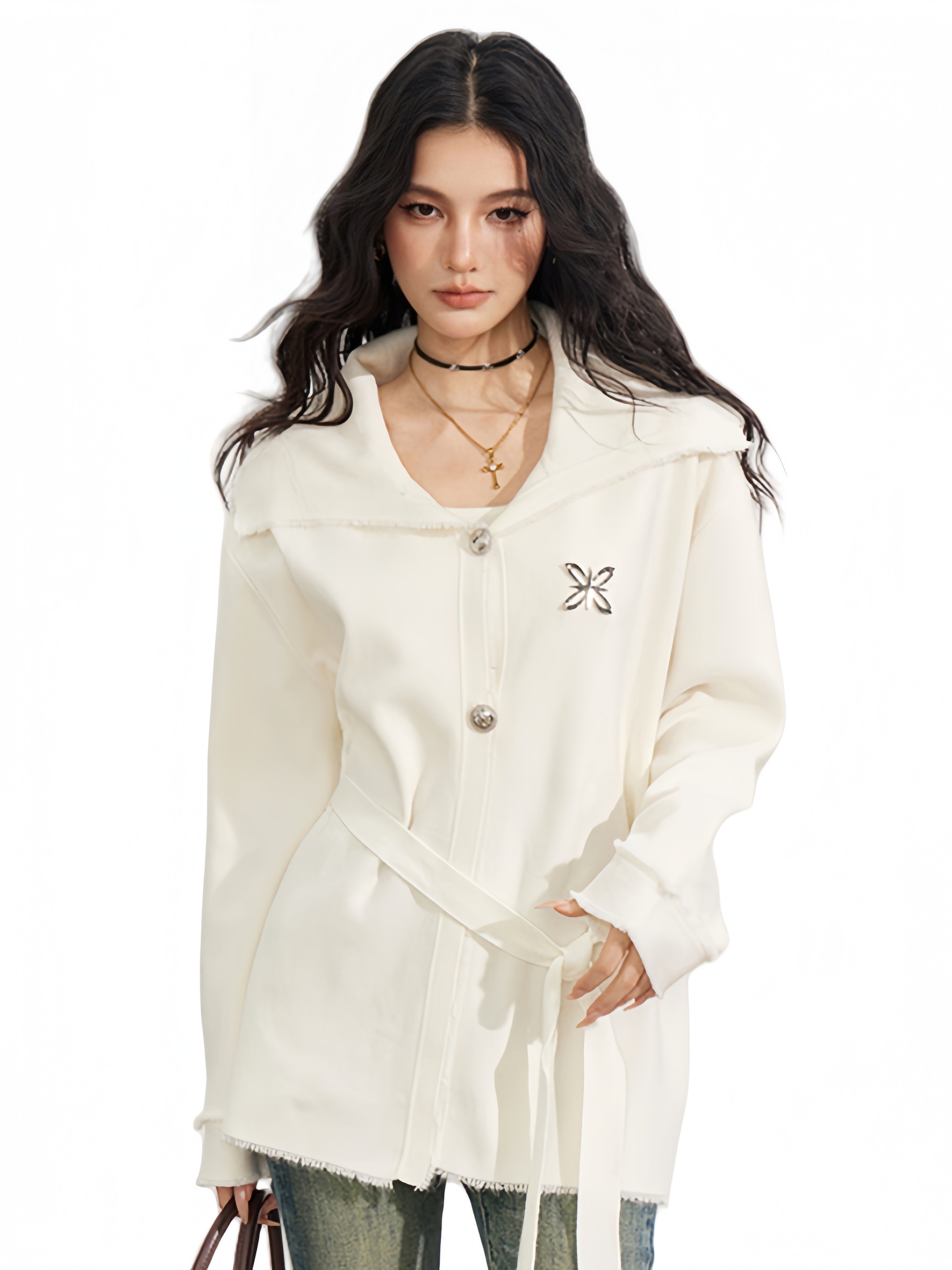 Belted Oversized Collar Knit Coat - CHINASQUAD