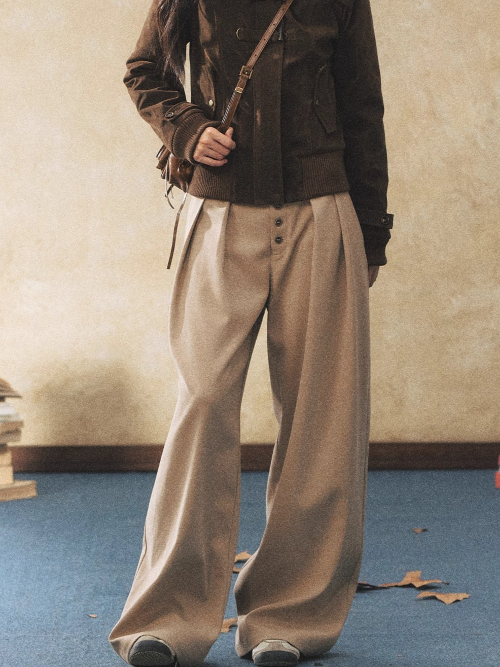 Khaki Relaxed Straight-Leg Wide Trousers