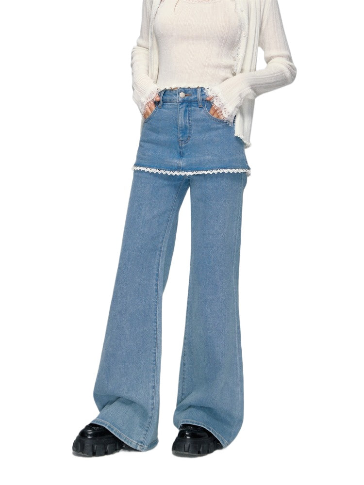 Lace Layered Faux Two-Piece Denim Pants - CHINASQUAD