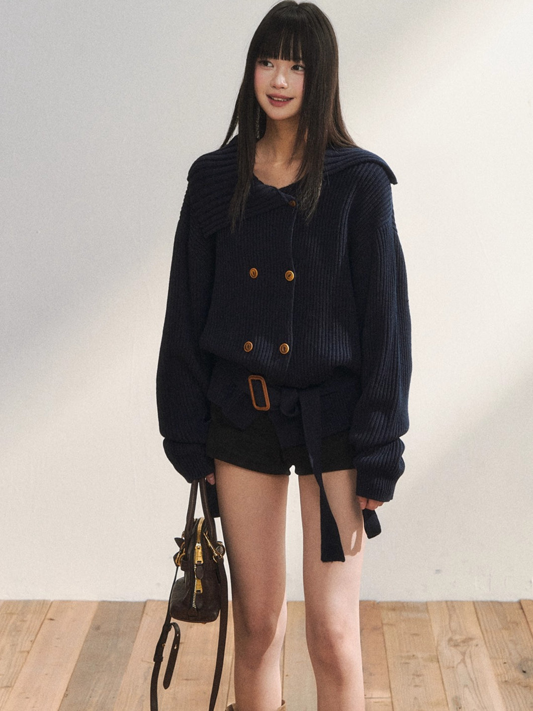 Double-Breasted Belted Knit Cardigan