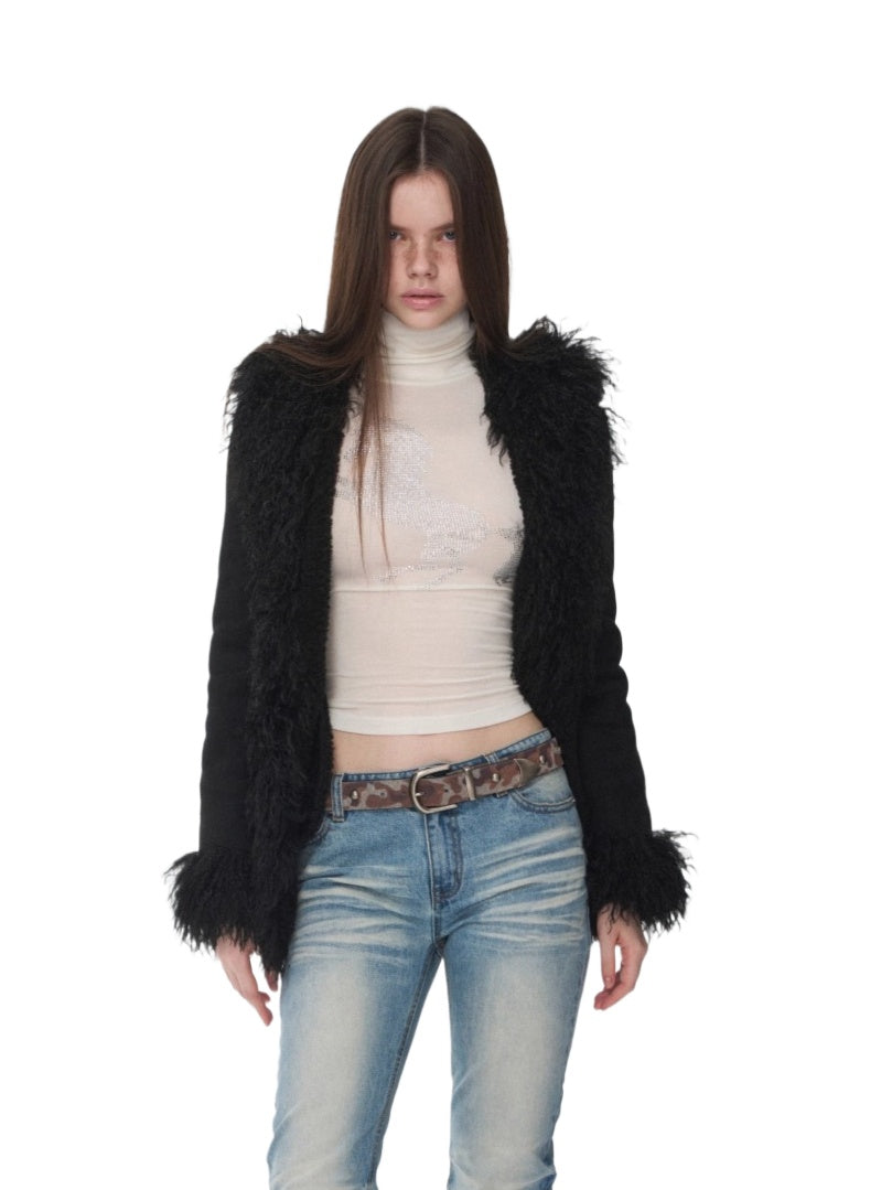 Suede Shearling Embroidered Panel Jacket