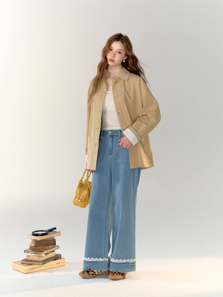 Lace Band Straight-leg Denim Jeans - CHINASQUAD