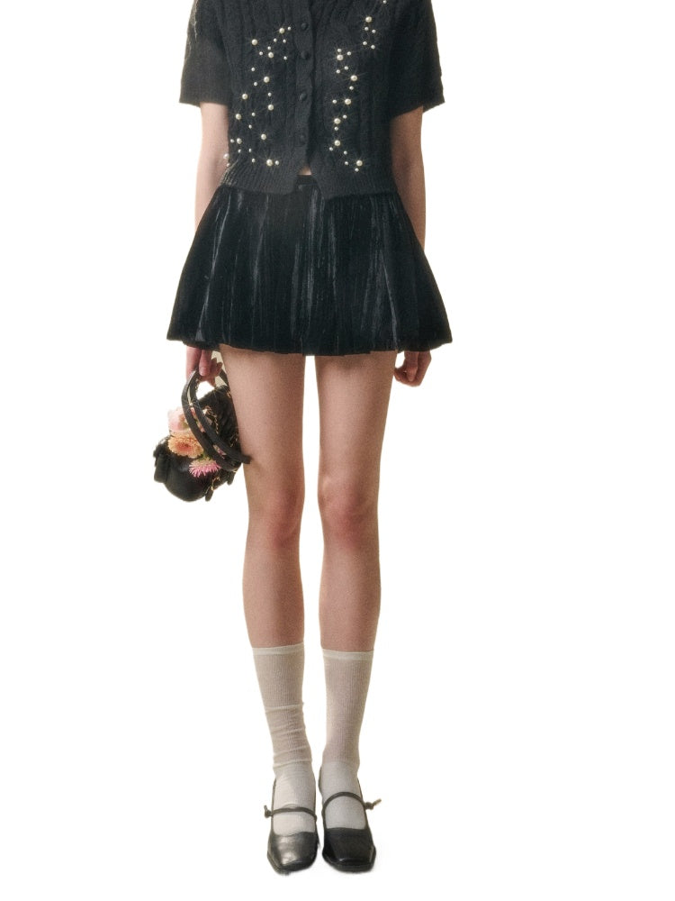 Velvet Floral Pleated Skirt - CHINASQUAD