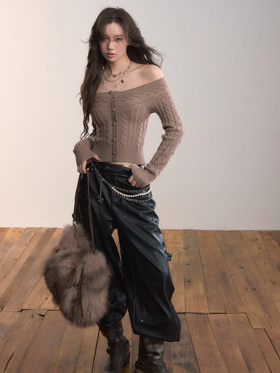 Off-Shoulder Cable Knit Cardigan - CHINASQUAD