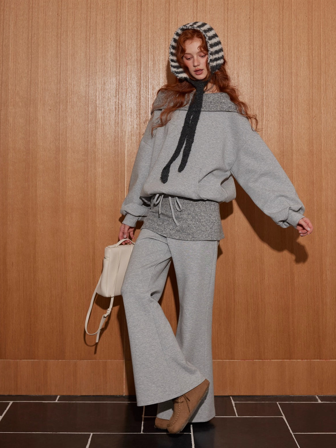 Grey Off-Shoulder Sweatshirt & Flared Pants Two-Piece Set
