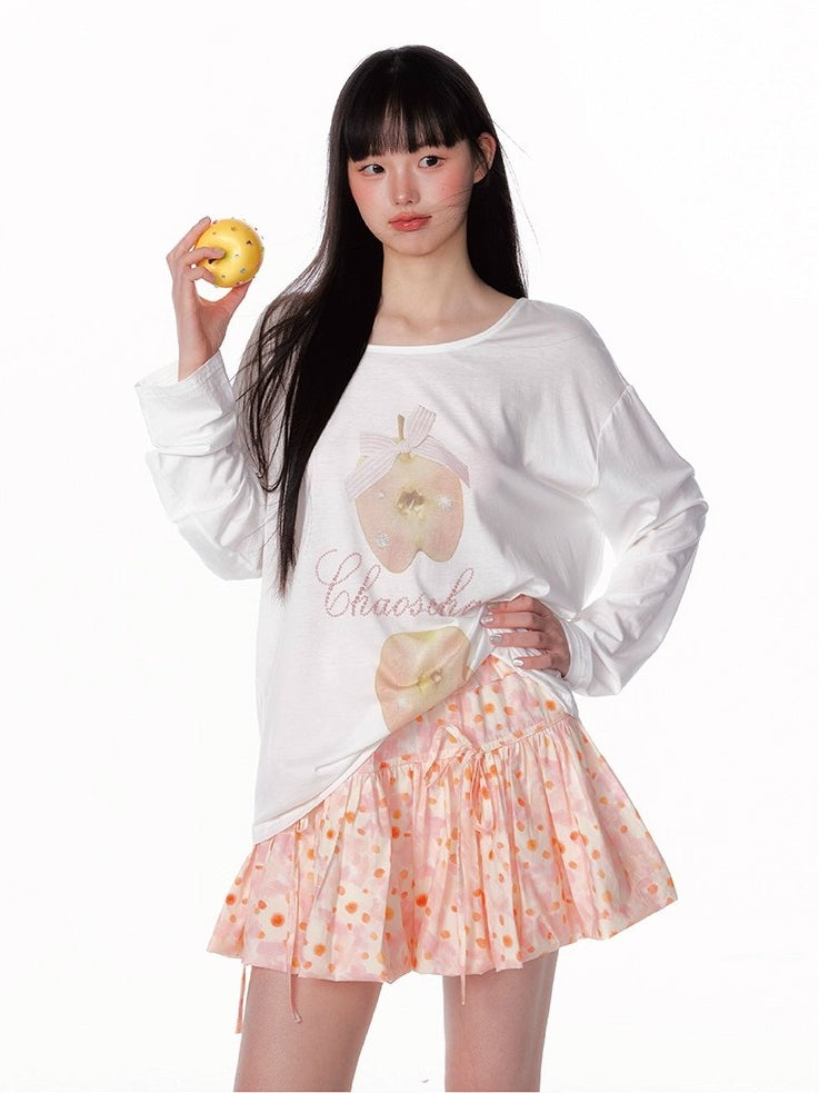 Off-Shoulder Crystal Apple Print Loose T-Shirt