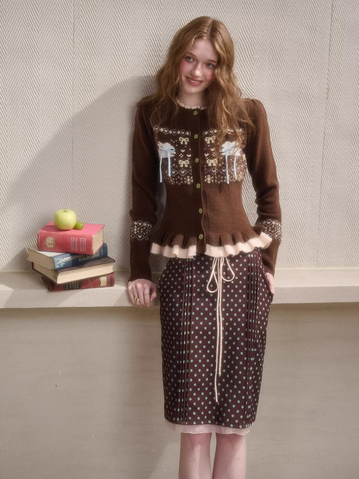 Fair Isle Knit Cardigan & Polka Dot Skirt Set