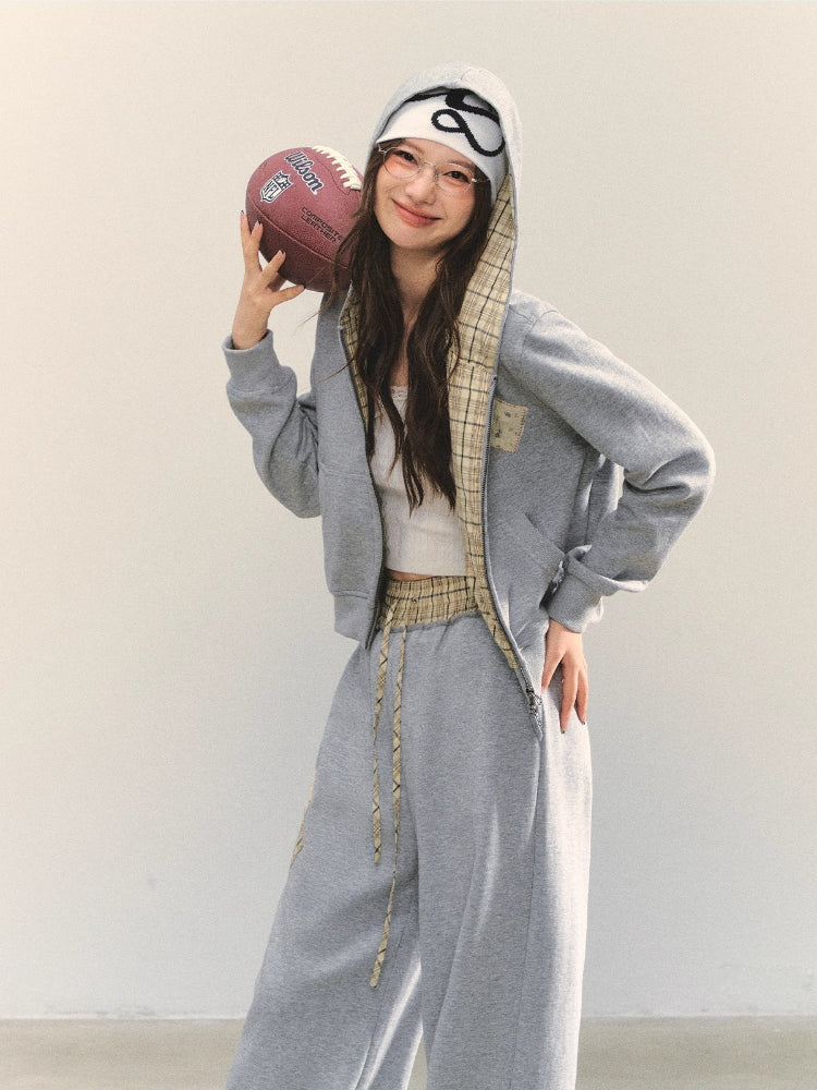 Plaid Appliqué Embroidery Zip-up Hoodie