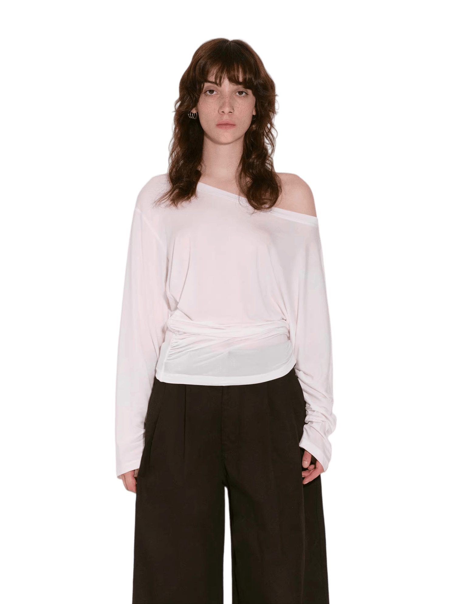 Draped Lyocell Off-Shoulder Long Sleeve T-Shirt