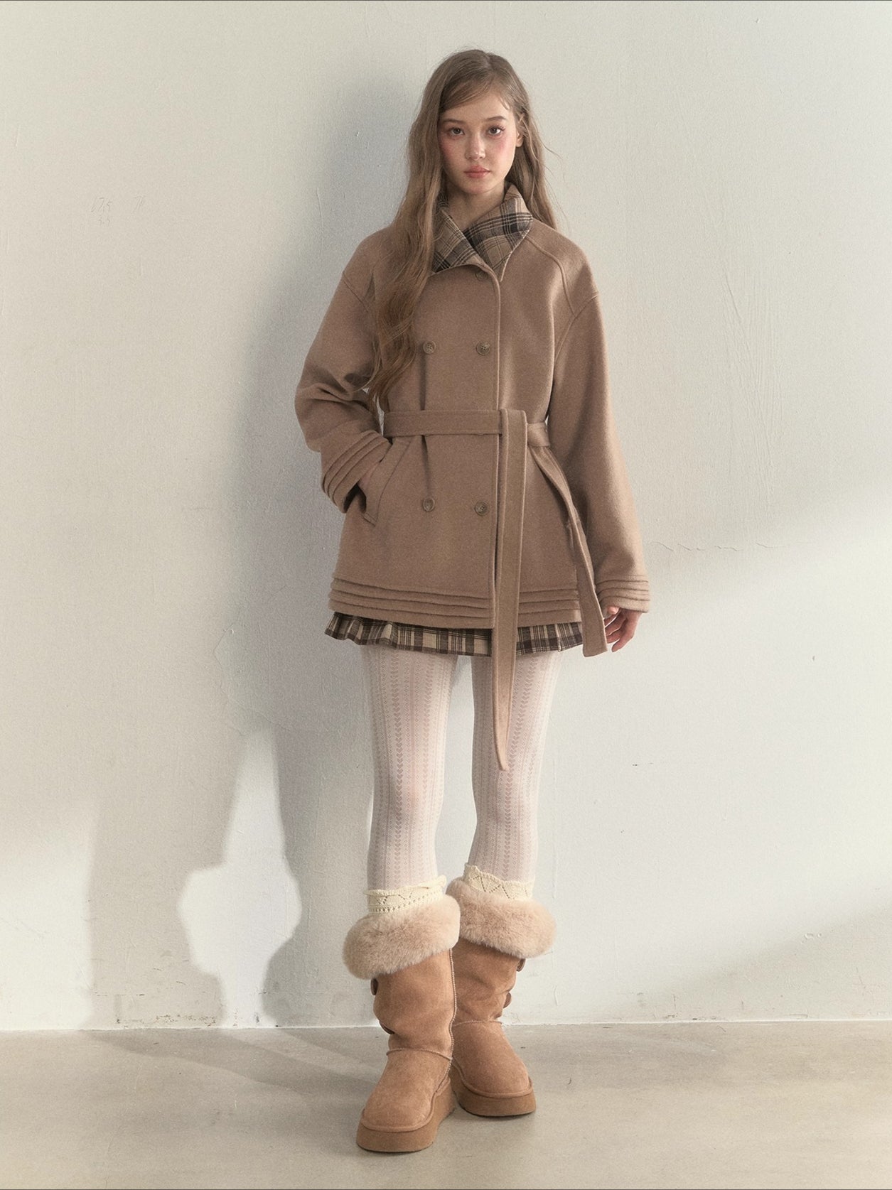 Khaki & Misty Pink Plaid Collar & Belt Wool Coat
