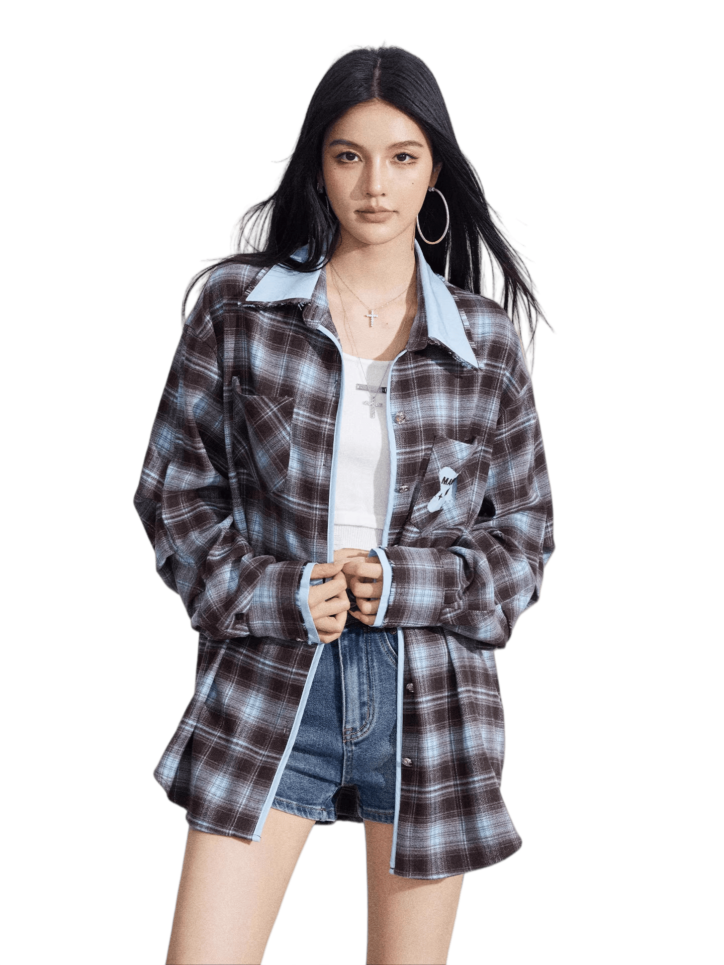 Vintage Contrast Embroidered Plaid Shirt