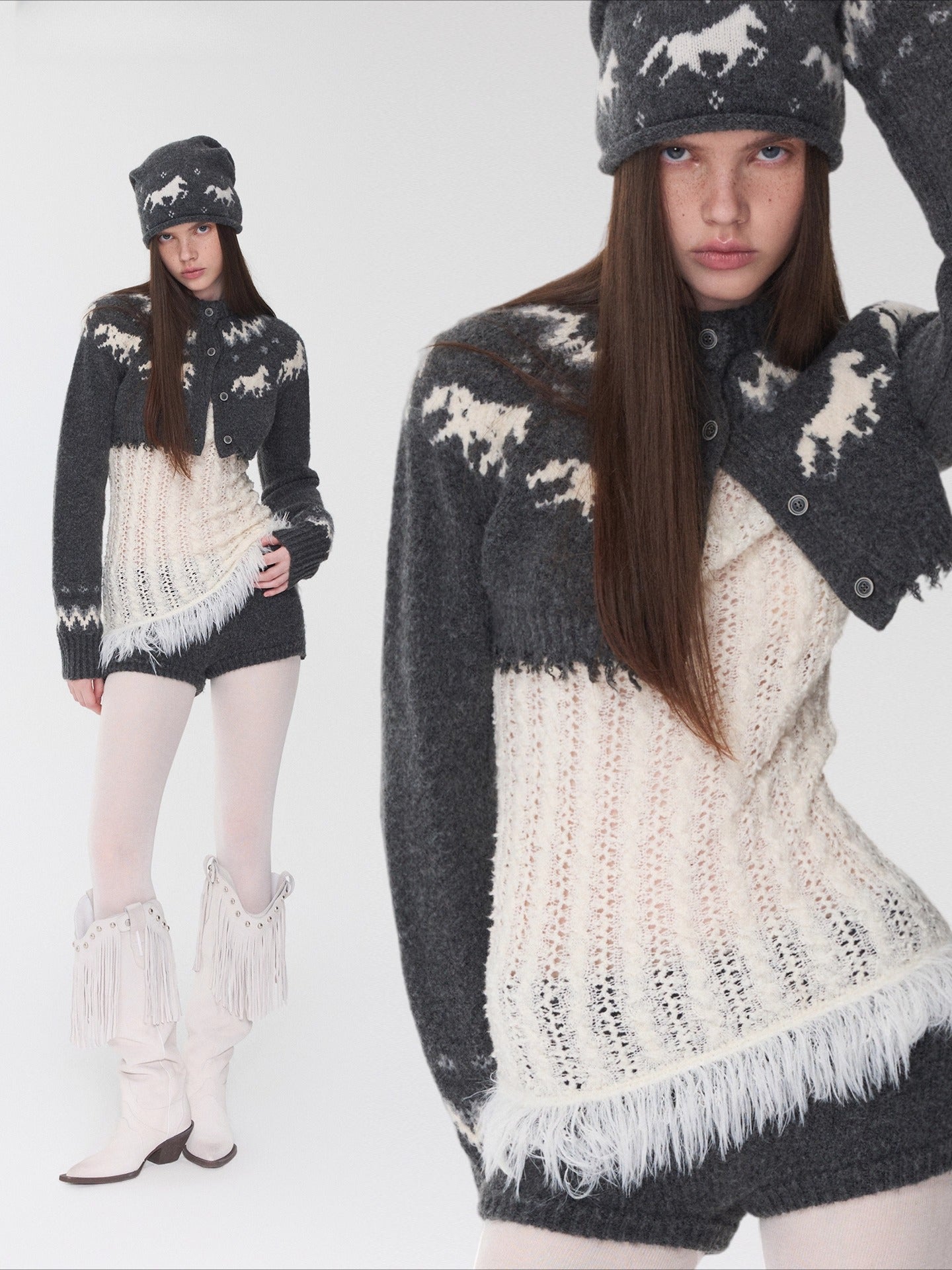 Fair Isle Pony Jacquard Knit Short Cardigan & Shorts Set