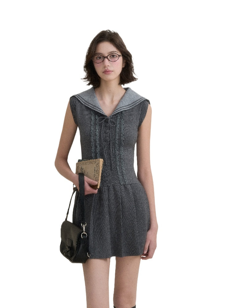 Navy Collar Lace Knit Dress - CHINASQUAD