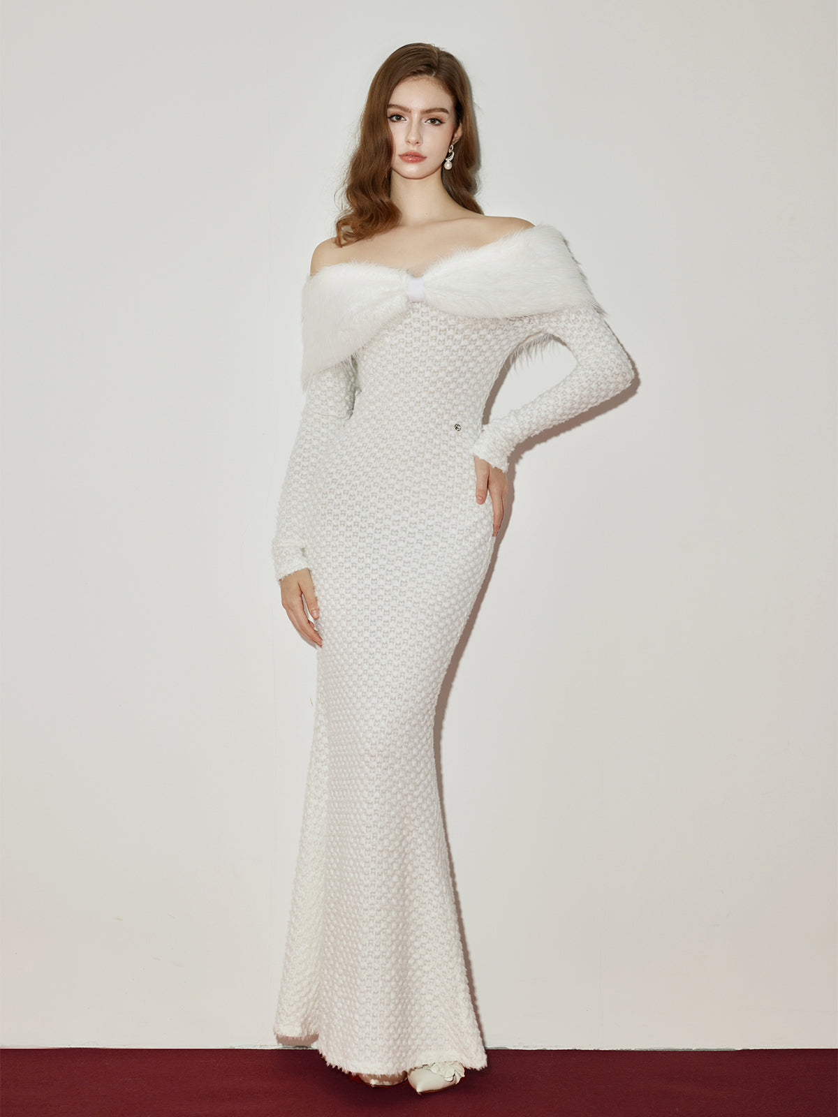 Off-Shoulder Fur Collar Feather Yarn Dress - CHINASQUAD