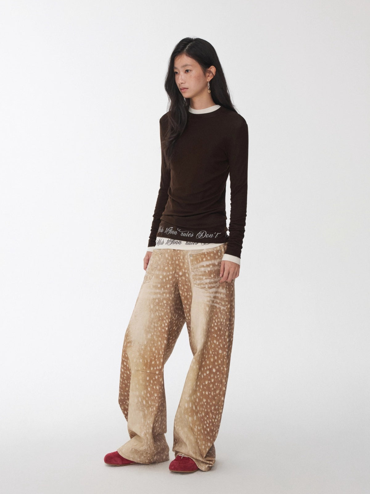 Vintage Deer Print Curved-Leg Canvas Pants