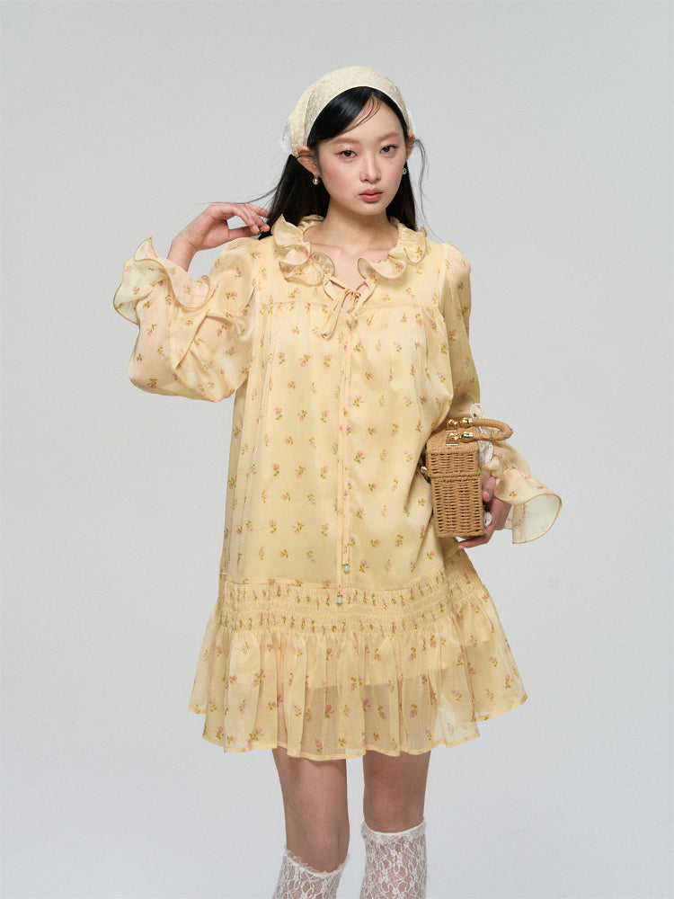 Ruffled Floral Long Sleeve Dress - CHINASQUAD