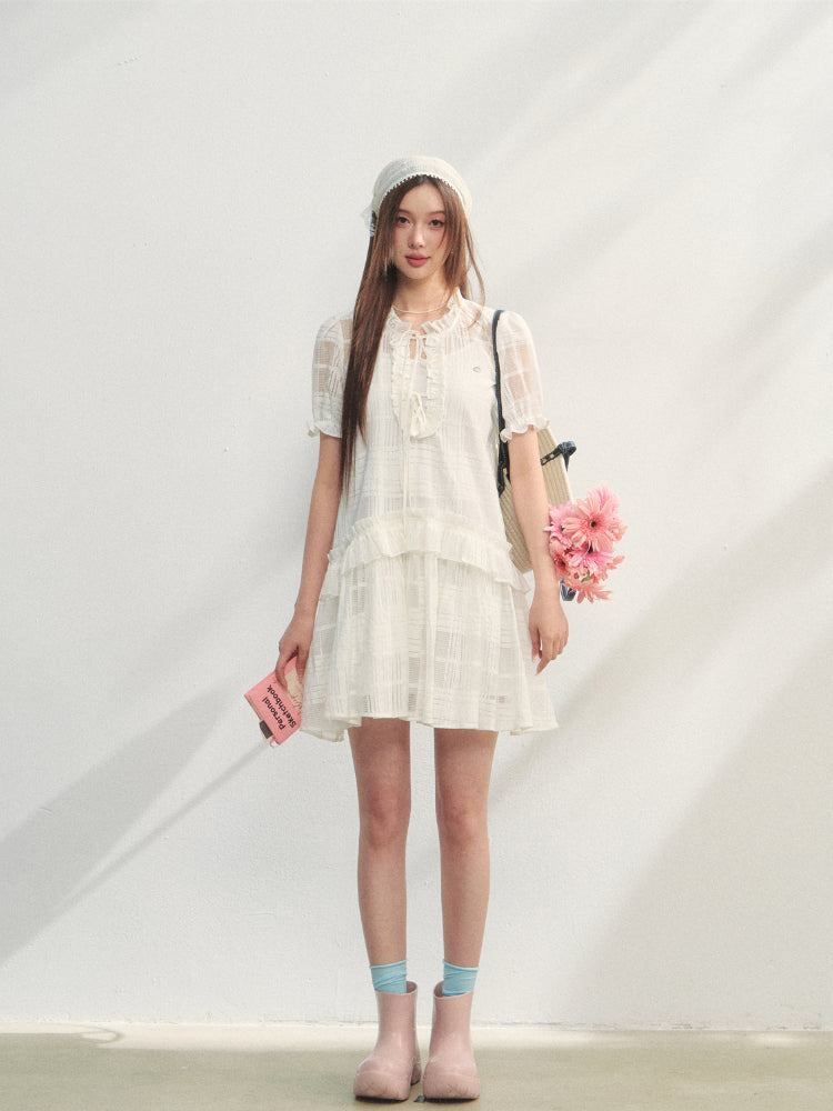 Checkered Hollow-Out Ruffled Dress Set - CHINASQUAD