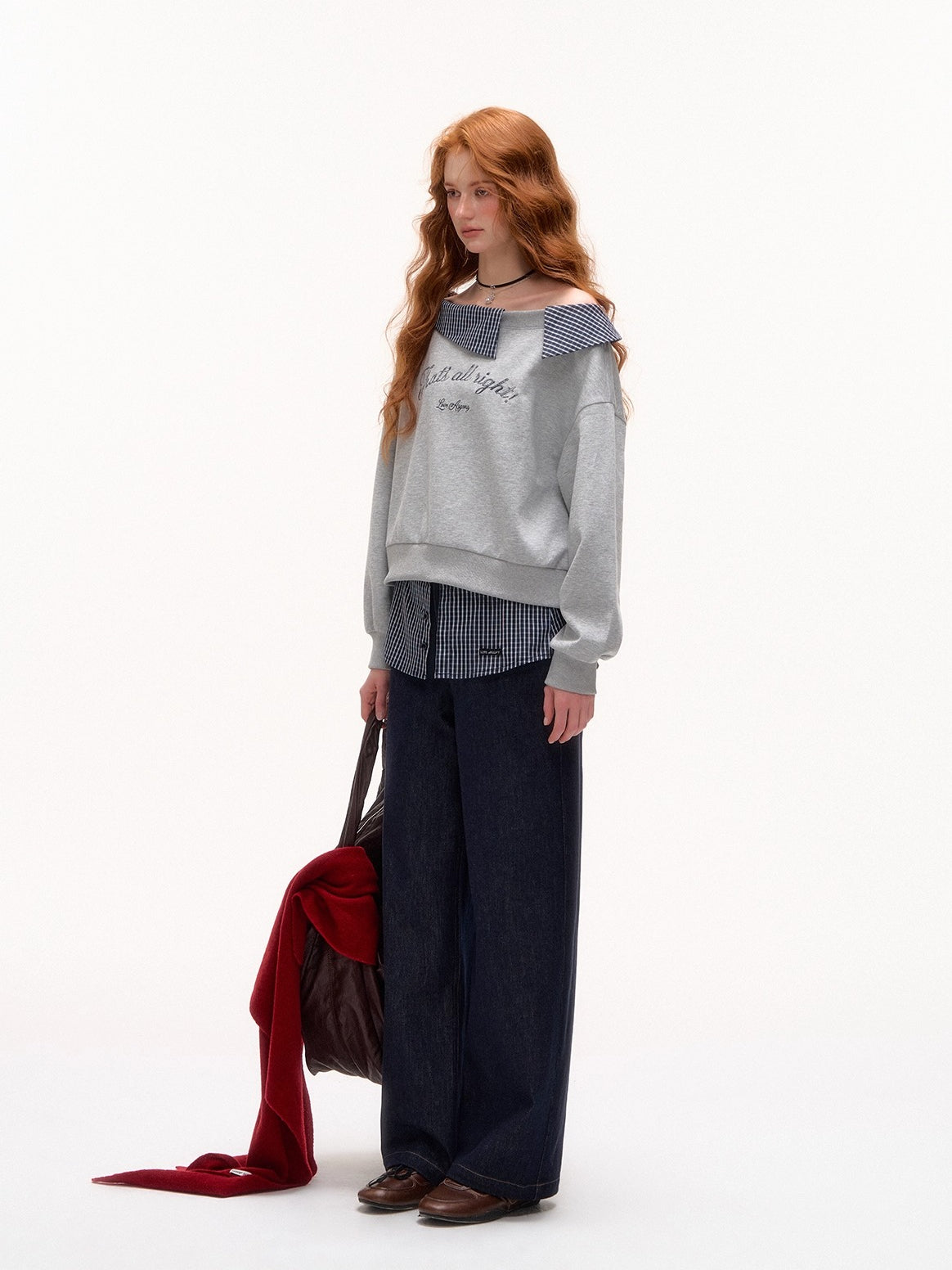 Off-Shoulder Plaid Patchwork Embroidered Sweatshirt - CHINASQUAD