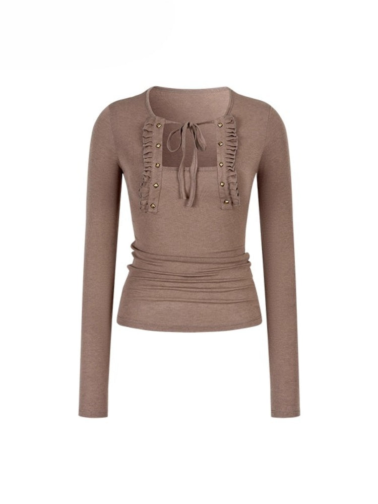 Rivet & Tie Ruffle Long Sleeve T-Shirt - CHINASQUAD